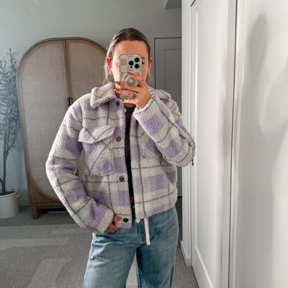 7 For All Mankind Lilac Plaid Sherpa Jacket - Picture 1 of 12